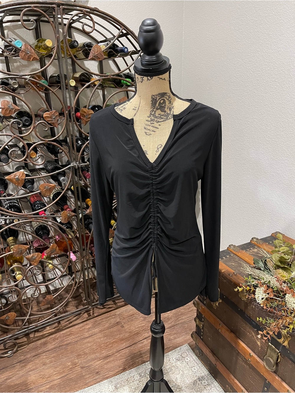 Women’s Black Ruched V-Neck Long Sleeve Blouse